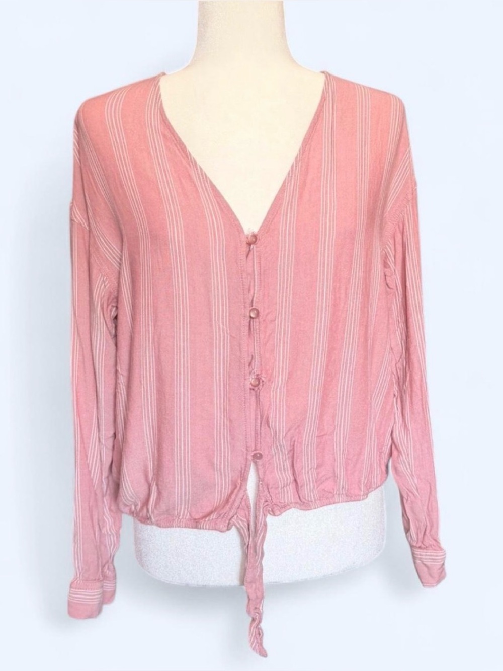 Pink Striped V-Neck Button Front Tie-Hem Top